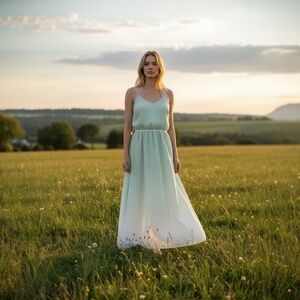 Elegant Women’s Pleated Ombre Maxi Dress, Spaghetti Strap, Mint to White- NWT